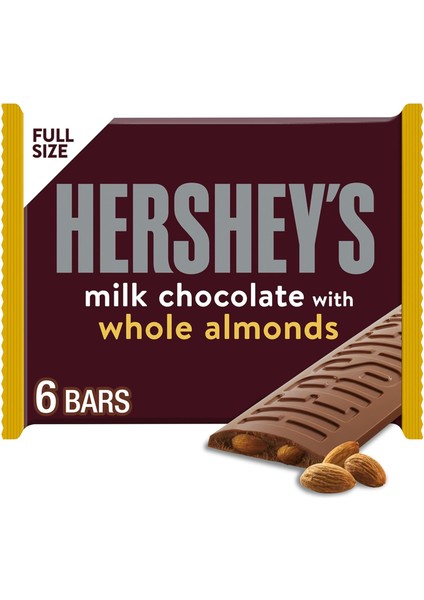 Hershey 's Milk Chocolate With Almonds Candy Bars Sütlü Çikolata ve Bütün Bademli Barlar 6'lı 246 gr