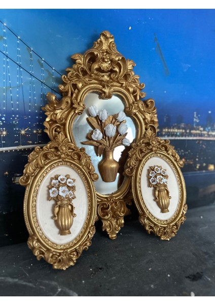 Çiçekli Duvar Tablo 3lü Set , Ortadaki Model Aynalı 3lü Set