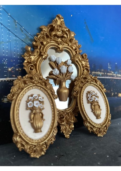 Çiçekli Duvar Tablo 3lü Set , Ortadaki Model Aynalı 3lü Set fiyatları