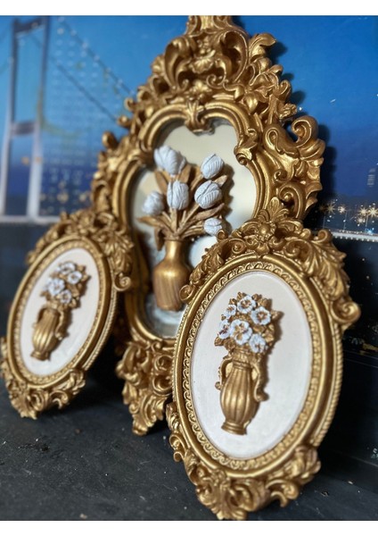 Çiçekli Duvar Tablo 3lü Set , Ortadaki Model Aynalı 3lü Set modelleri
