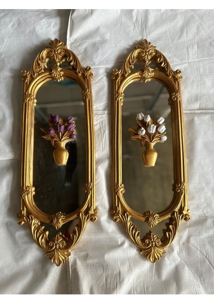 Çiçekli Aynalı Duvar Tablo 2li Set 70CM