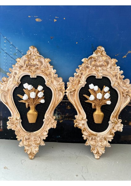 Çiçekli Duvar Tablo 2li Vintage Tarzı El Yapımı Duvar Dekoratif Tablo 42CM