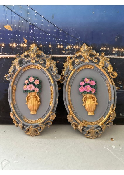 Çiçekli Dekoratif Duvar Masa Tablo 22CM . 2li Set