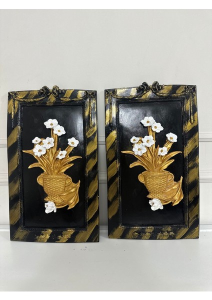 Çiçekli Duvar Tablo 2li Set Dekoratif El Yapımı 50X33CM