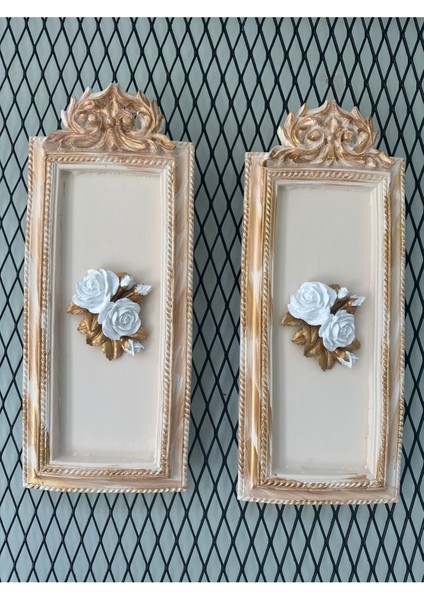 Duvar Tablosu 2li Set Krem-Gold Çiçekli Tablo 50CM