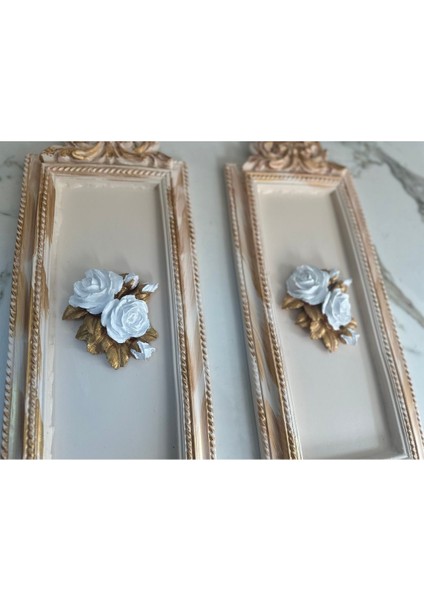 Duvar Tablosu 2li Set Krem-Gold Çiçekli Tablo 50CM