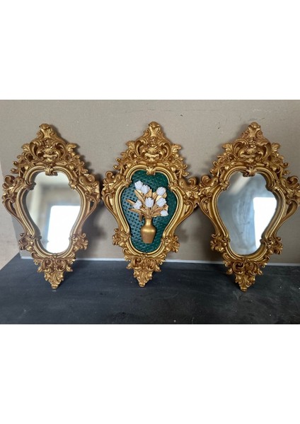 Avangard Şık Zümrüt Yeşili 3 Lü Aynalı Tablo 42CM ,duvar Dekor Set