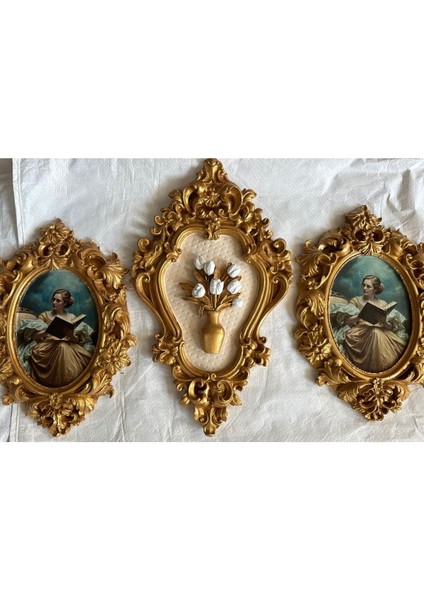 Tablo El Yapımı Dekoratif Vintage Tarzı 3 Lü Tablo , Çiçekli ve Dekopaj Tablo 30CM