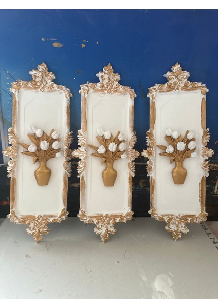 Beyaz Çiçekli Duvar Tablo 3lü Set El Yapımı Dekoratif Duvar Süsü 45CM
