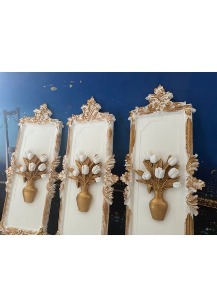 Beyaz Çiçekli Duvar Tablo 3lü Set El Yapımı Dekoratif Duvar Süsü 45CM fiyatları