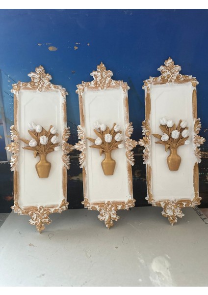 Beyaz Çiçekli Duvar Tablo 3lü Set El Yapımı Dekoratif Duvar Süsü 45CM modelleri