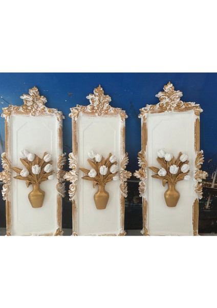 Beyaz Çiçekli Duvar Tablo 3lü Set El Yapımı Dekoratif Duvar Süsü 45CM fırsatları