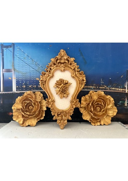Dekoratif Duvar Tablo 3lü Set , Özel Tasarım Vintage Tarzı Duvar Gülü