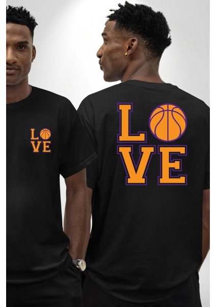 Basketbol Severler Için Love Siyah Oversize Kadın Erkek Ön ve Sırt Baskılı Tişört