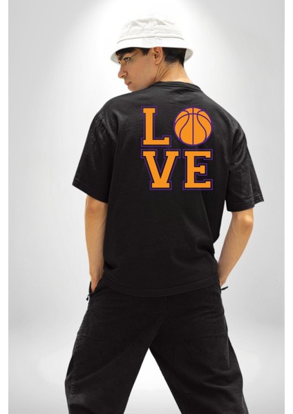Basketbol Severler Için Love Siyah Oversize Kadın Erkek Ön ve Sırt Baskılı Tişört indirimleri