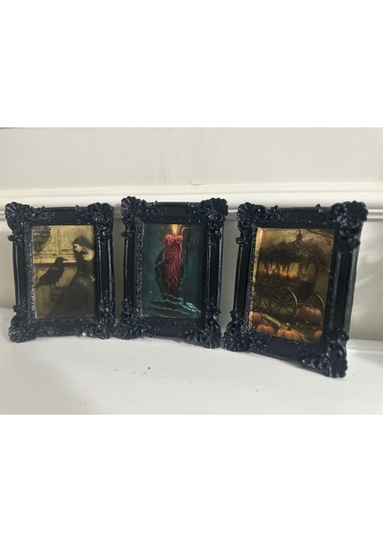 El Yapımı Vintage Tarzı Siyah Gotik Tablo 3lü Set 20CM