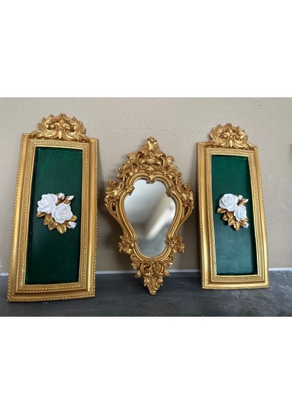 El Yapımı Tablo 3 Lü Set Ayna ve Tablo Set Duvar Süsü Zümrüt Yeşili