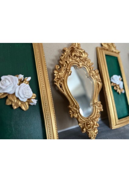 El Yapımı Tablo 3 Lü Set Ayna ve Tablo Set Duvar Süsü Zümrüt Yeşili modelleri