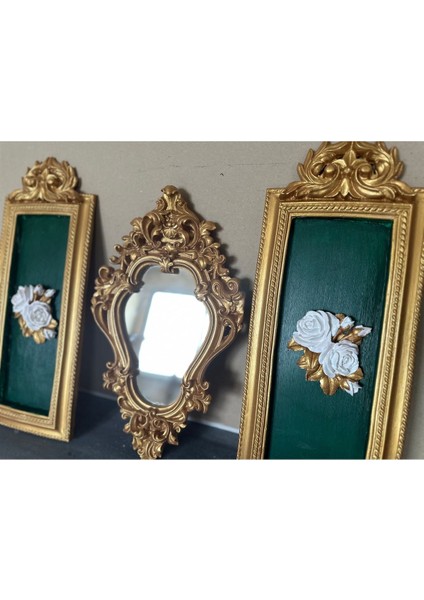 El Yapımı Tablo 3 Lü Set Ayna ve Tablo Set Duvar Süsü Zümrüt Yeşili indirimleri