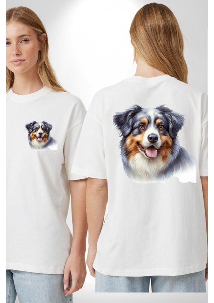 Zeki Australian Shepherd Köpek Tasarımı Beyaz Oversize Kadın Erkek Ön ve Sırt Baskılı Tişört