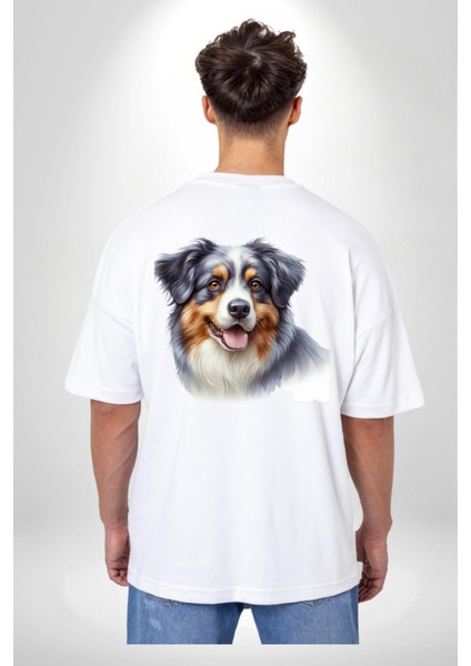 Zeki Australian Shepherd Köpek Tasarımı Beyaz Oversize Kadın Erkek Ön ve Sırt Baskılı Tişört fiyatları