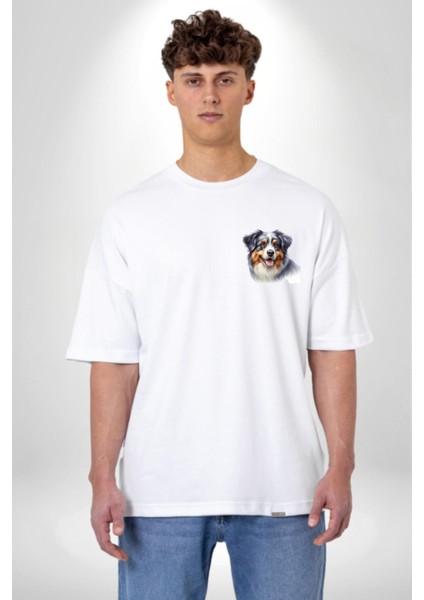 Zeki Australian Shepherd Köpek Tasarımı Beyaz Oversize Kadın Erkek Ön ve Sırt Baskılı Tişört modelleri