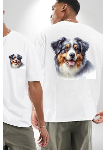 Zeki Australian Shepherd Köpek Tasarımı Beyaz Oversize Kadın Erkek Ön ve Sırt Baskılı Tişört fırsatları