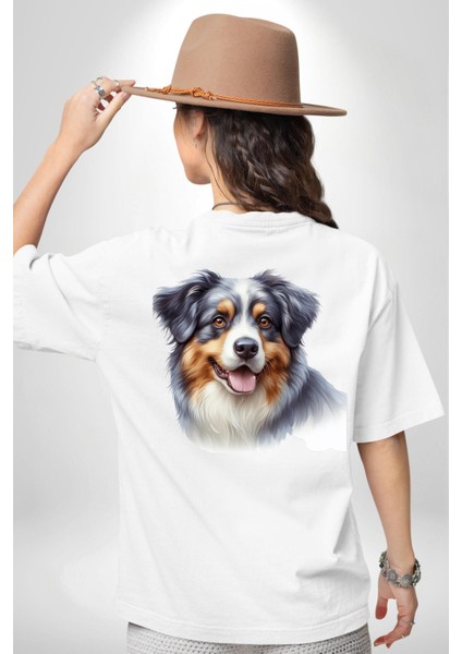 Zeki Australian Shepherd Köpek Tasarımı Beyaz Oversize Kadın Erkek Ön ve Sırt Baskılı Tişört indirimleri