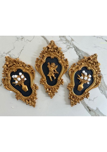 Melek ve Çiçek Dekoratif Duvar Tablosu 3 Lü Set (42CM) Gold,siyah