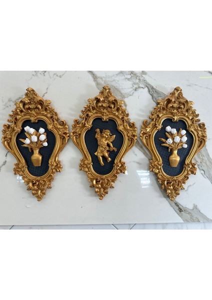 Melek ve Çiçek Dekoratif Duvar Tablosu 3 Lü Set (42CM) Gold,siyah fiyatları