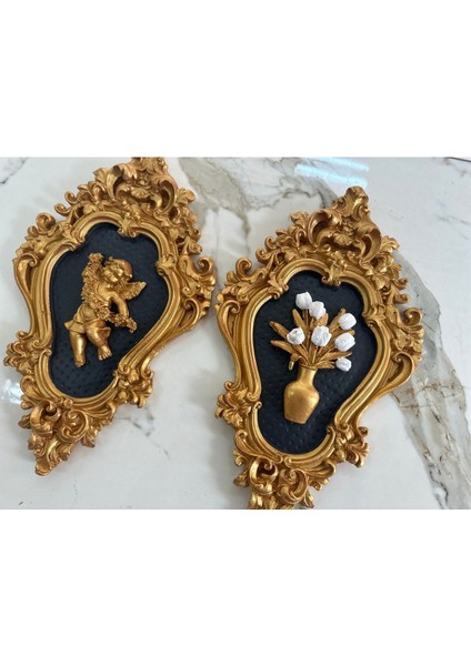 Melek ve Çiçek Dekoratif Duvar Tablosu 3 Lü Set (42CM) Gold,siyah modelleri