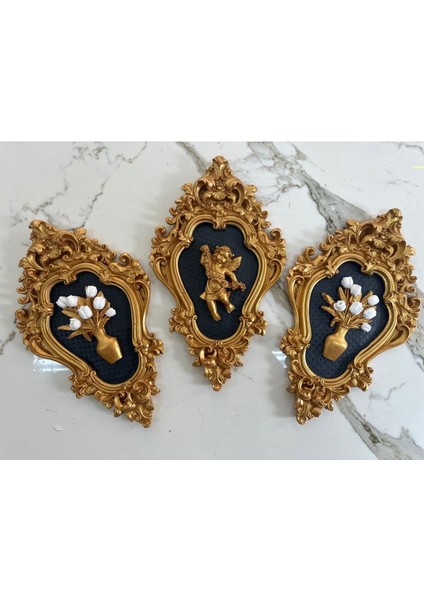 Melek ve Çiçek Dekoratif Duvar Tablosu 3 Lü Set (42CM) Gold,siyah