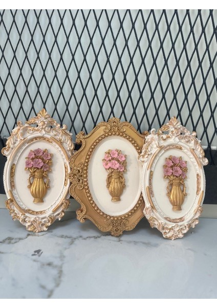 Duvar Tablosu Tasarım 3 Lü Set , Çiçekli Modern Tablo