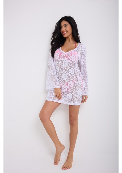 Kolları Volanlı V Yaka Dantel Elbise Gül Desenli