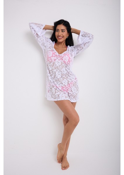 Kolları Volanlı V Yaka Dantel Elbise Gül Desenli fırsatları