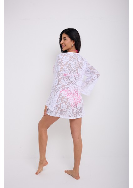 Kolları Volanlı V Yaka Dantel Elbise Gül Desenli indirimleri