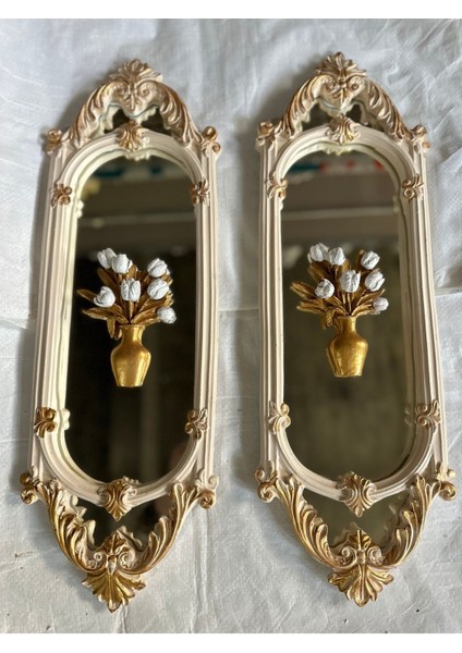 Aynalı Tablo 2li Krem-Gold 70CM ,vintage Tarzı Uzun Şık Tablo Ayna