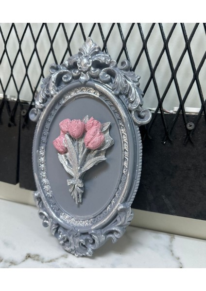 Gri Çiçekli Duvar Masa Tablosu 22CM