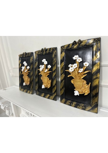 Çiçekli El Yapımı Büyük Tablo Set 50X33CM , Özel Tasarım 3lü Set