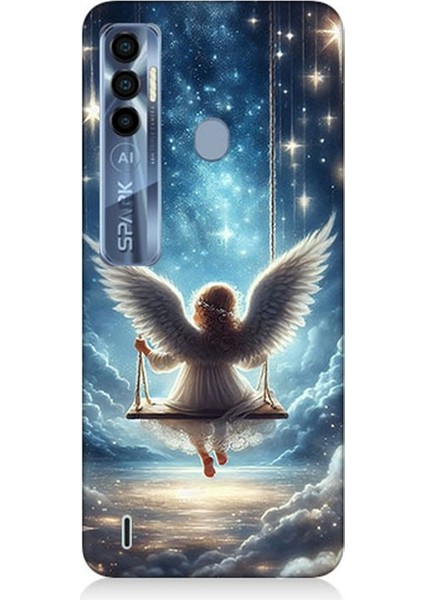 Tecno Spark 7 Pro Uyumlu Yıldızlarla Salıncakta Melek Desenli Silikon Kılıf