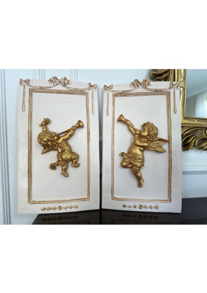 Modern Şık Tasarım 2 Li Melek Detaylı Duvar Tablosu Büyük Boy 50CM