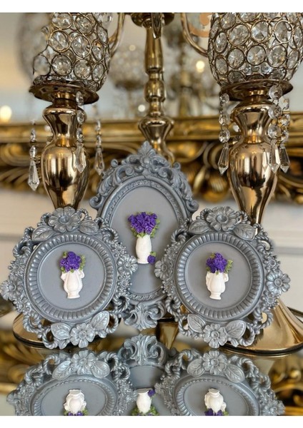 Gri 3 Lü Çerçeveli Çiçekli Tablo Takımı , Dekoratif Duvar Masa Süsü