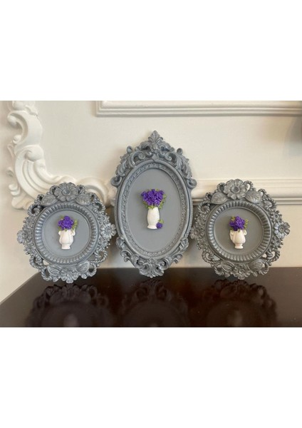 Gri 3 Lü Çerçeveli Çiçekli Tablo Takımı , Dekoratif Duvar Masa Süsü fiyatları