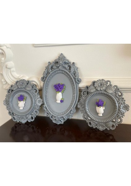 Gri 3 Lü Çerçeveli Çiçekli Tablo Takımı , Dekoratif Duvar Masa Süsü modelleri