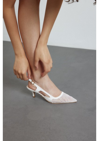 Beyaz Cilt File Detaylı Sivri Burun Kadın Topuklu Ayakkabı indirimleri