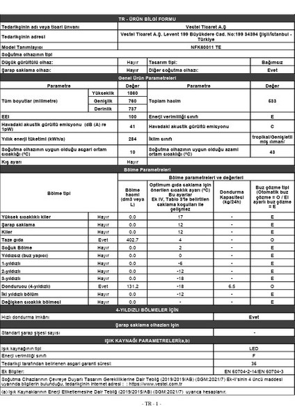 NFK60011 Te 533 Lt No-Frost Buzdolabı