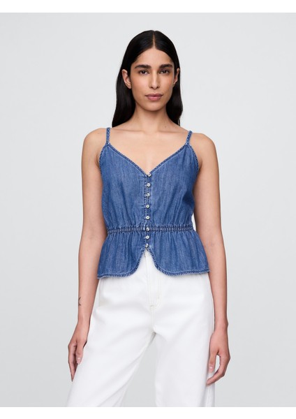 Kadın Denim Mavi Denim Peplum Cami
