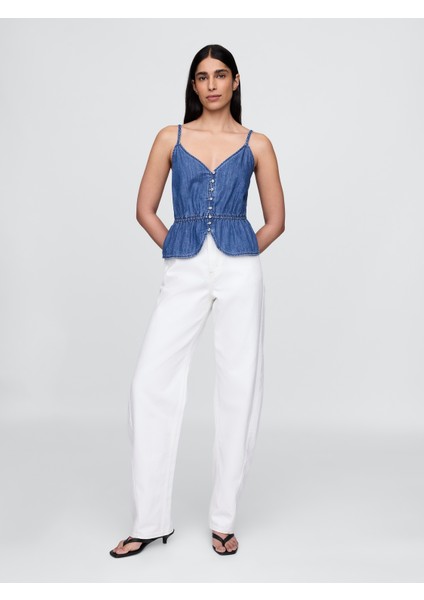 Kadın Denim Mavi Denim Peplum Cami