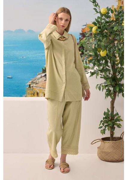 Güpürlü Keten Pantolonlu Takım Açık Adaçayı modelleri