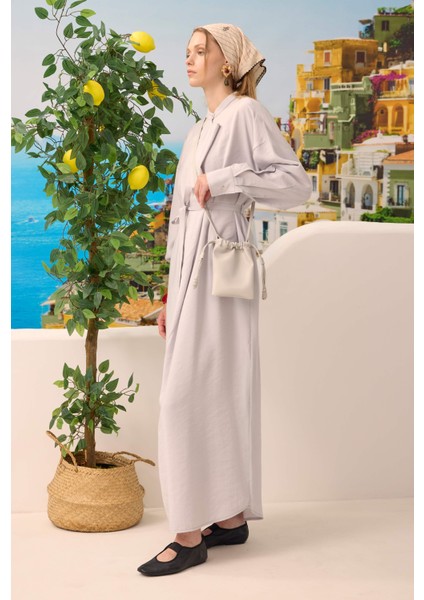 Yakası Geniş Pile Detaylı Elbise Gri